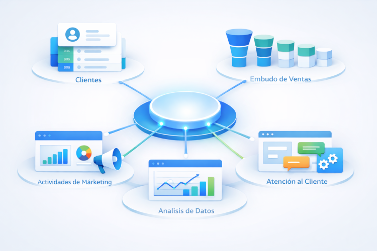 Ilustración conceptual de un sistema CRM organizando la información de clientes y procesos empresariales