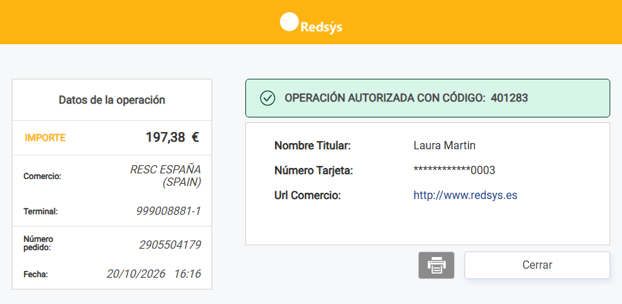 Redsys confirma la operación autorizada con su código