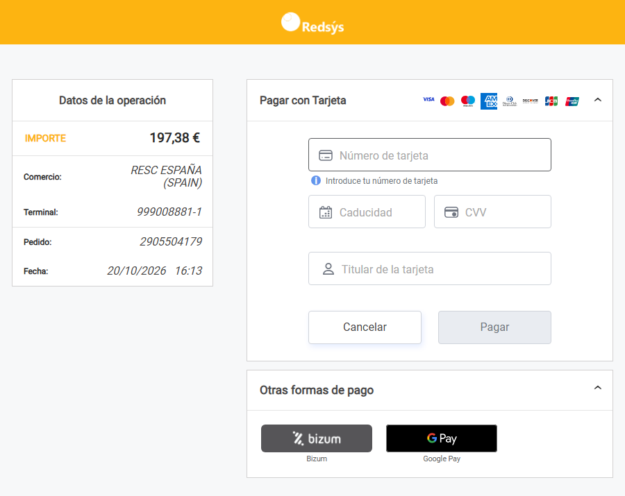 Página de pago segura de Redsys con el importe y el formulario de tarjeta