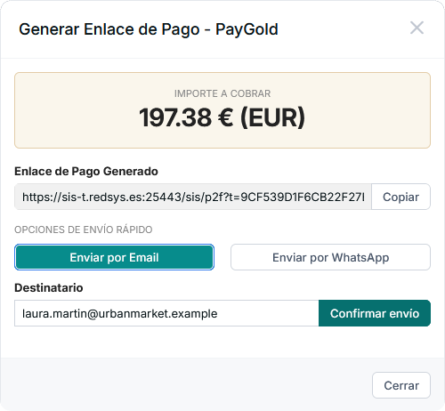 Ventana de OpenCRM con el importe a cobrar, el enlace de pago y las opciones de envío por email y WhatsApp