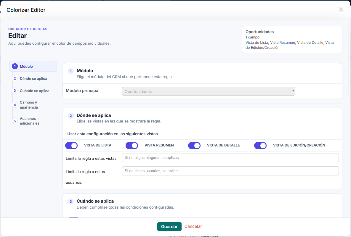 Ventana de edición de una regla del Editor de Colores con el índice lateral de cinco pasos, el módulo Oportunidades y los controles para elegir vistas y usuarios