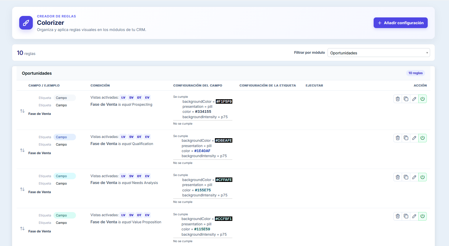 Panel de administración del Editor de Colores con diez reglas de Oportunidades, filtro por módulo, ejemplos de apariencia y acciones para duplicar, editar y activar o desactivar