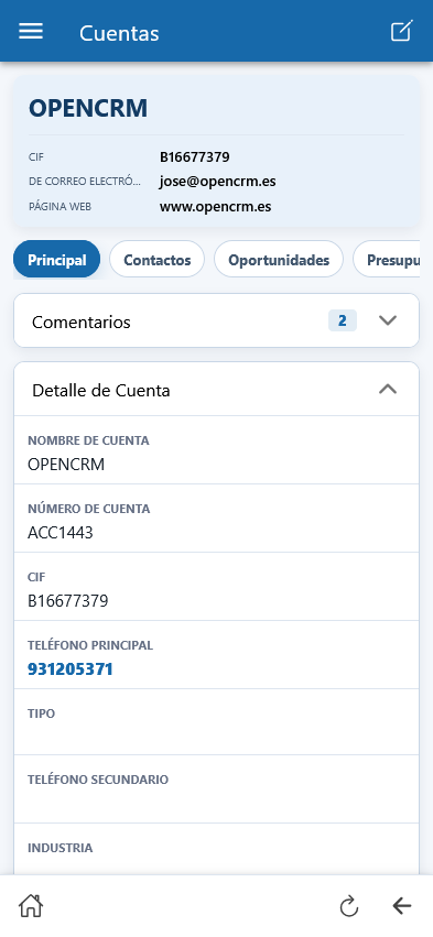 Detalle de cliente en la app OpenCRM