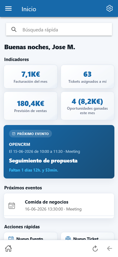 Inicio de la app OpenCRM