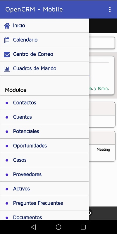 Menú principal de la app OpenCRM