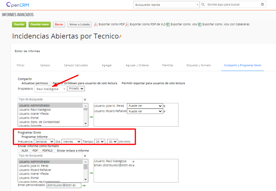 Programación y permisos de informes en OpenCRM